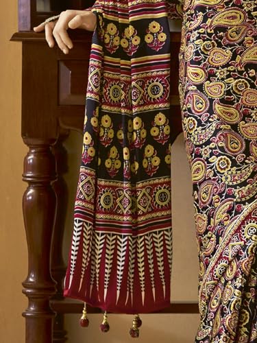 Image of SAREE MALL Women's Ajrkh Print Satin Crepe Polka Dot Printed Saree With Unstitched Blouse Piece