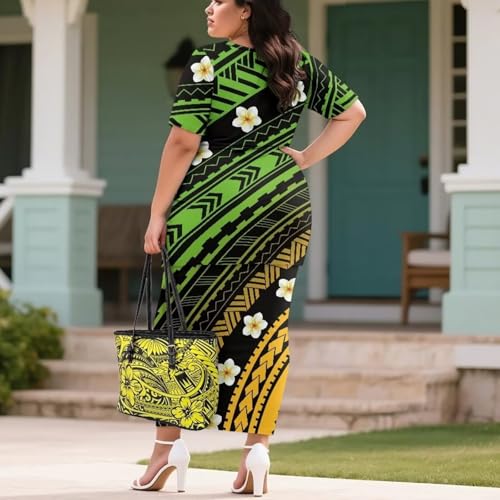 Image of Puletasi Samoan Traditional 2 Piece Outfits for Women Short Sleeve Crop Top and Maxi Skirt Sets Puletasi Dress