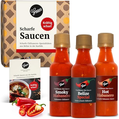 Gepp‘s Feinkost scharfe Soßen Set I Hot Sauce Set mit 2 feurigen Habanero Chili Saucen und einer Hot Belize Sauce I Chili Geschenkset, hergestellt nach eigener...