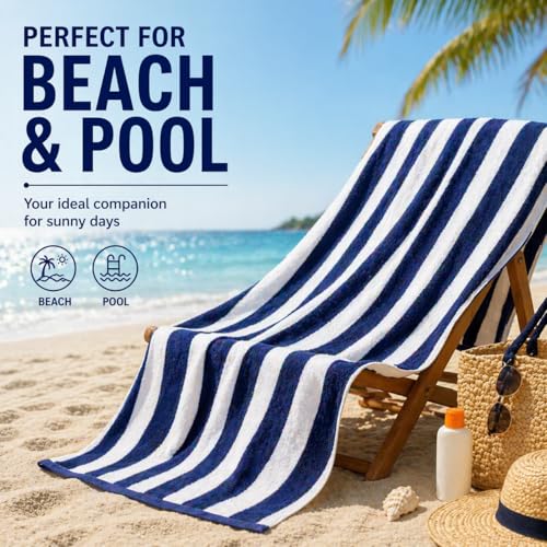 Image of TowelWala Extra Large Cotton Pool & Bath Towel | 180x90 cm | 450 GSM Cotton | Quick Drying & Highly Absorbent | Striped Design for Adults | TW PT BLU Pack 2
