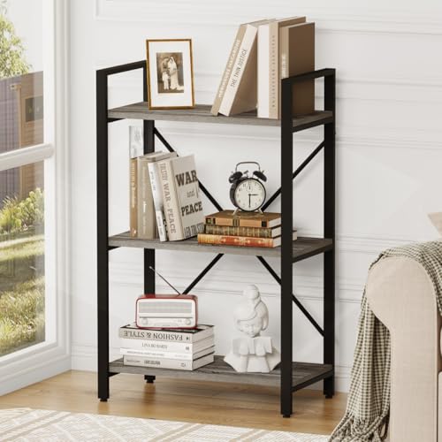 BON AUGURE 3 Tier Bookshelf, Small Rustic Book Shelf, Short Industrial Bookcase, Wood Metal Standing Etagere for Office, Bedroom and Living Room (Dark Gray Oak)