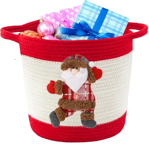 Image of Christmas Gift Baskets Empty, Christmas Decoration Storage Basket with Handle, Baby Gift Basket for Toys, Towels, Diapers, Woven Cotton Rope Basket With Santa Claus, Red