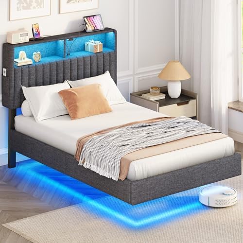 Seventable Floating Single Bed Frame 90x190cm Upholstered Headboa...