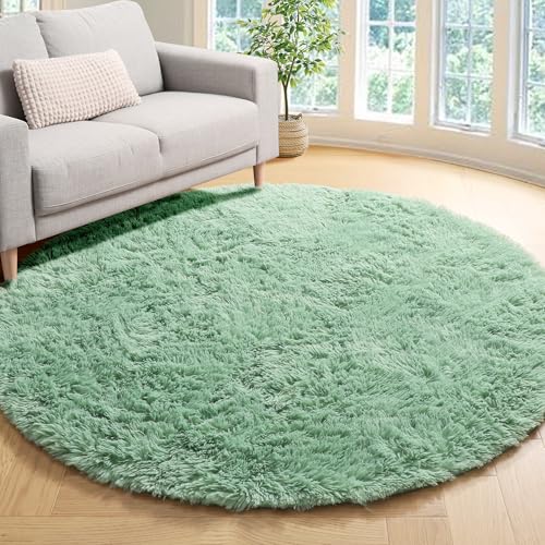 ONASAR Sage Green Round Area Rug 4ft, Soft Bedroom Circle Rugs for Kids Girls Teen Room, Cute Furry Plush Shaggy Carpet for Baby Nursery Living Room Playroom Home Decor Princess Castle
