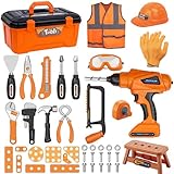 Kids Tool Set,MAGIC4U 50PCS Toddler Tool Set with Electronic Toy Drill,Tape Measure 12 Tool Equipements,Pretend Play Construction Coustume with Safety Vest Hat,Toy Tool Box for Kids Boy Girl Age 3-8