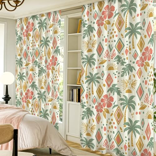Rideaux occultants palmier fleur tropicale corail lavable pour décoration chambre