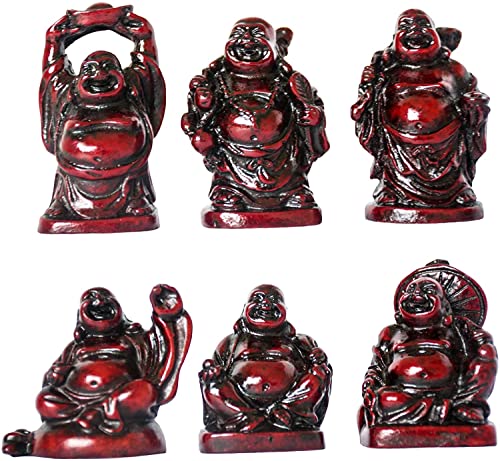 Set de 6 Figuras Buda Feliz Riendo Resina 2'' Rojo Oscuro miniatura 1