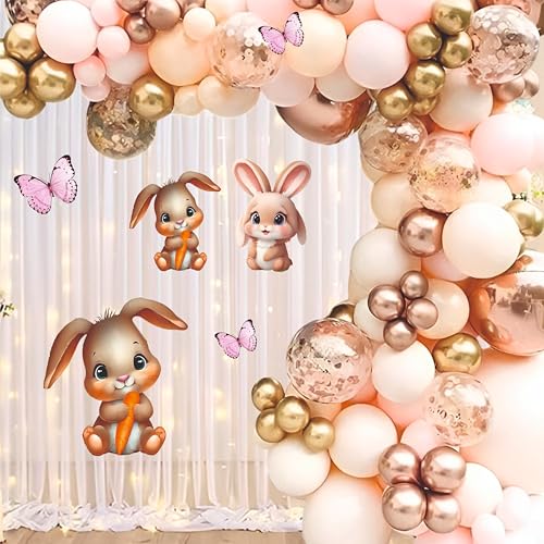 Image of 87 pcs set of pink, peach and golden balloons with rabbit and butterflies cutout for birthday decoration, home party celebration