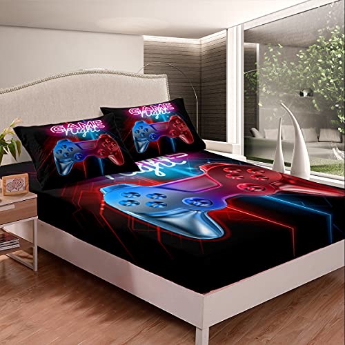 Loussiesd Gamer Sheet Set For Kids Single Size Boys Gaming Sheets Modern Video Game Controller Bed Sheet Set Super Soft Blue Red Gamer Console Bed Set - Image 2