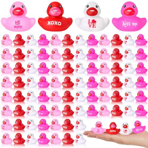 Jenaai 100 Pcs Valentines Day Bath Toys Ducks Assorted Pink Red White Mini Rubber Ducks Toy Bulk Small Tiny Ducky for Valentines Classroom Exchange Gifts Party Favors