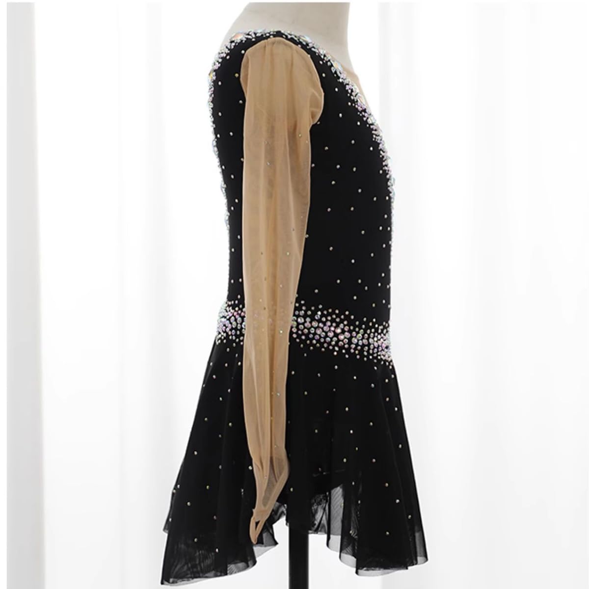 purpleq Damen Eiskunstlauf Kleid Schwarz Langarm Professionelle Eiskunstlauf Bekleidung Für Mädchen Kürkleid mit Strass Rollkunstlauf Wettbewerb Tanzanzug Gymnastikanzug