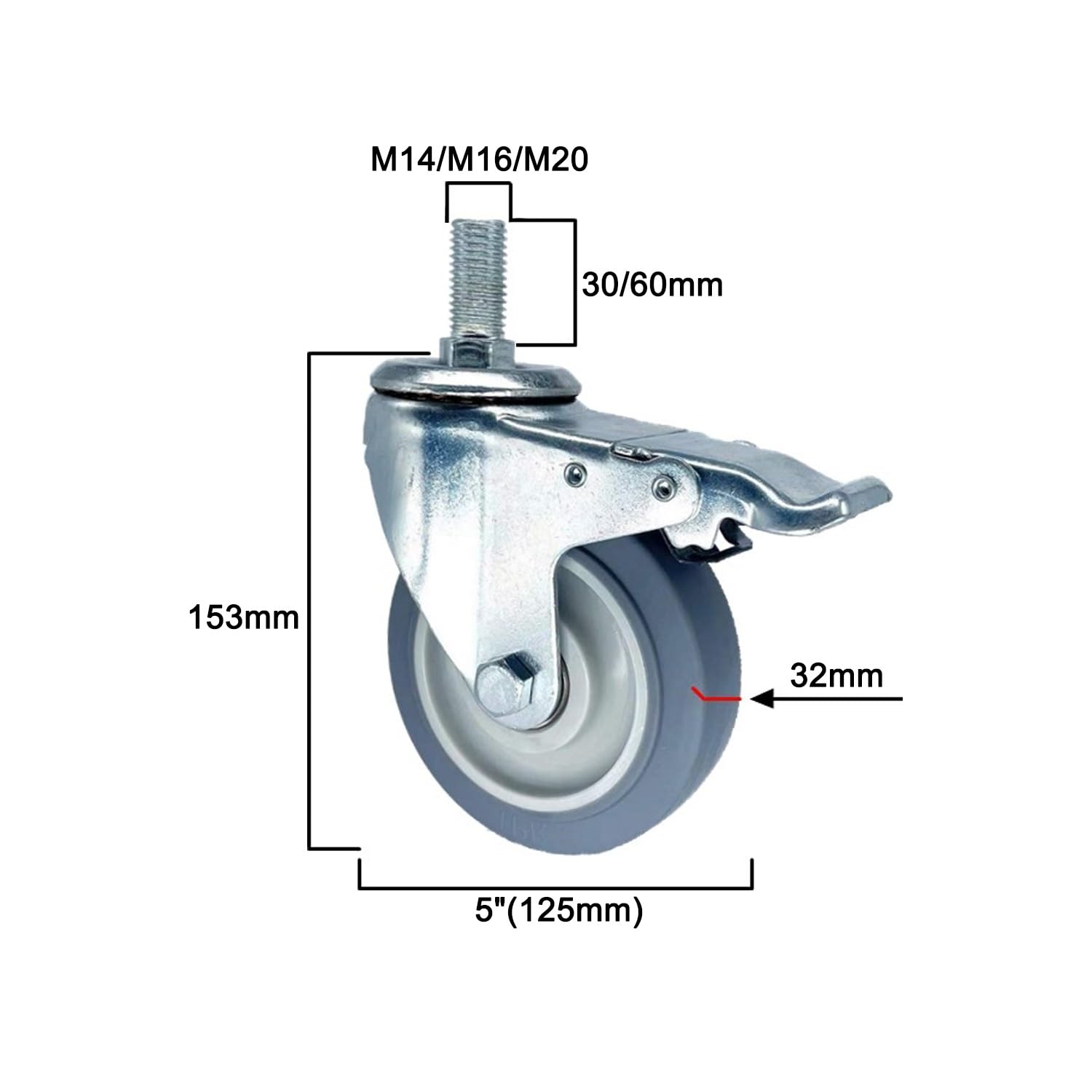 Muta 5" Ruote girevoli con Freno 330 Lbs capacità di carico M20 Perno filettato Rumore Antiscivolo Ruote in Gomma Industriale Set da 4 per Mobili & Attrezzature