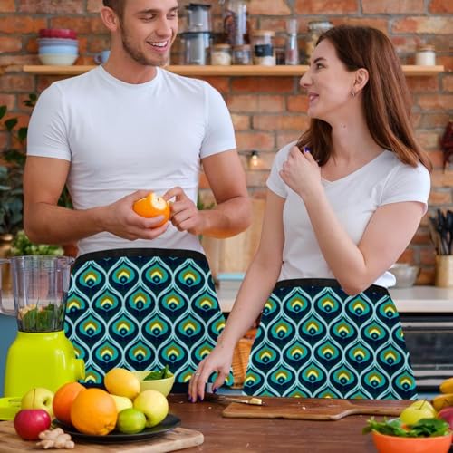 Lot de 3 demi-tabliers de cuisine à plumes de paon multicolores avec 3 poches 60x30.5cm