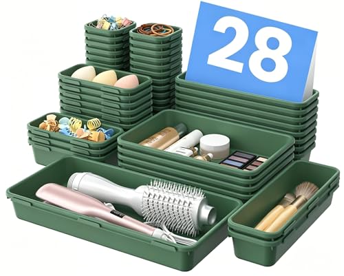 Image of 【Military Grade】A-LuGei Drawer Organizer,【𝟱𝗦𝗶𝘇𝗲】Makeup organizer,【Holds 177 Items】Bathroom Organizers and Storage,Organization and Storage,Desk Drawer Organizer for Vanity【Green】