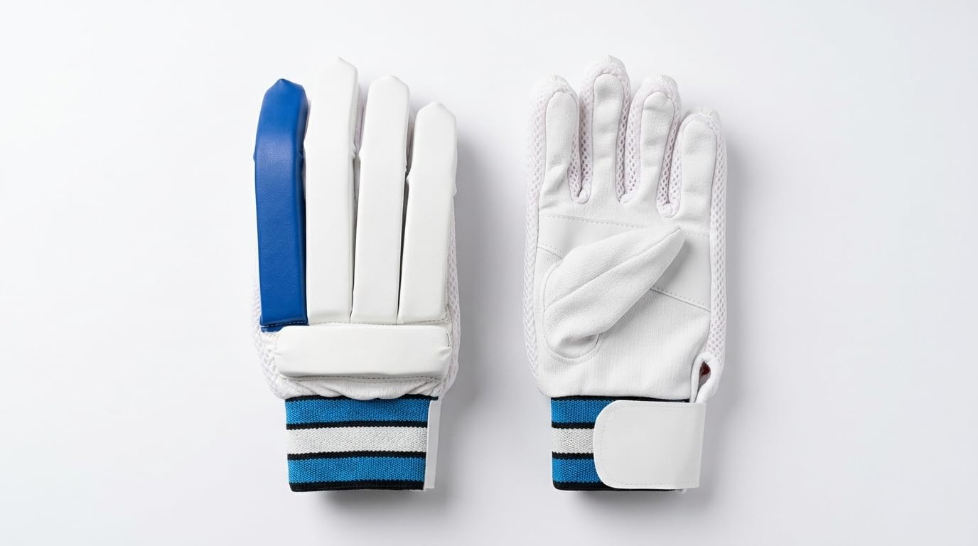 Cricket Batting Gloves, White and Orange, Padded Finger Protection, Mesh Back, Leather Palm, Striped Wristband-image-12