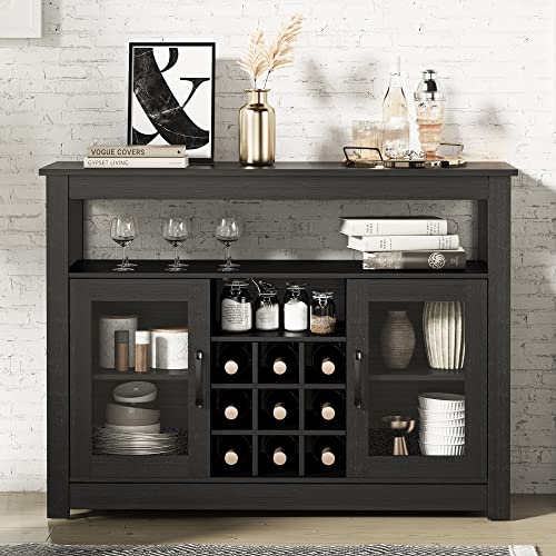 Image of Cozy Castle Coffee Bar Cabinet, 43" Buffet Sideboard Cabinet with Storage, Wine Liquor Bar Cabinet with Removable Wine Rack and Glass Doors for Home, Living Room, Dining Room, Black
