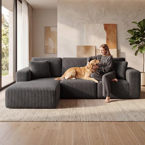 Image of GRUSIGN 107'' Cloud Sectional Boneless Couches for Living Room, Modular L Shaped Couch with Deep Seat Oversized Left Facing Chaise, Memory Foam Compressed Spineless 3 Seater Sofa, Wide-Striped Grey