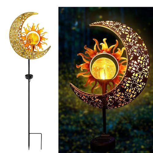YZYOE Solarbetrieben Sonne und Monde Licht, Garten dekoratives Schmiedeeisen schöne Sonne und Monde Bodenlampe, drahtlose Dämmerung zur Morgendämmerung LED-Lampe wasserdicht.