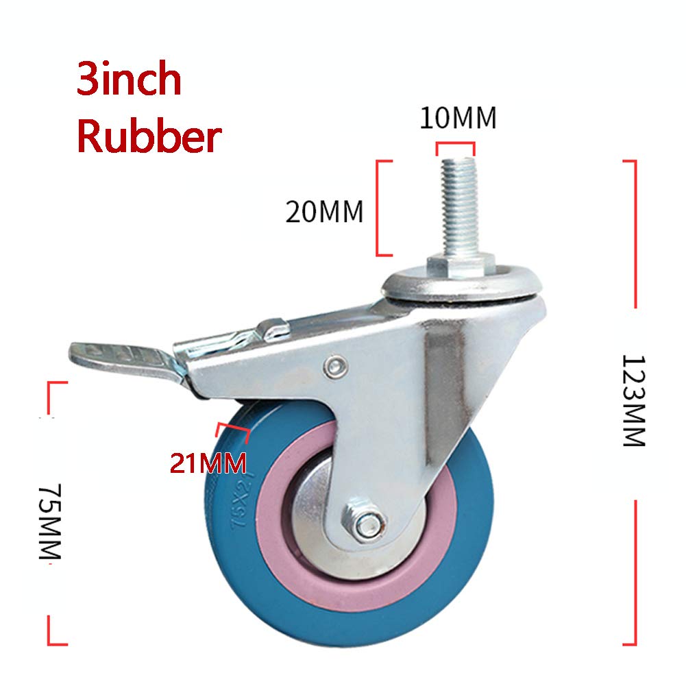 Rotelle per servizio pesante 3 pollici 75 mm Industriale Trasporto Silenzioso Gomma, M10 Filo Stelo perno 300kg Con freno, Ospedale Fabbrica Scuola Hotel Trolly Gomma artificiale 4 confezioni