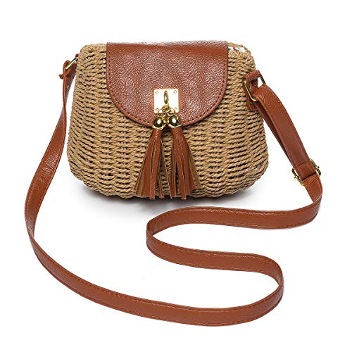 JOSEKO Women Straw Bags, Tassel Handmade Rattan Woven Handbag Summer Straw Bag Beach Holiday Shoulder Bag for Travel Daily Shopping 20cm x 10cm x 15cm(LxWxH), Khaki #03