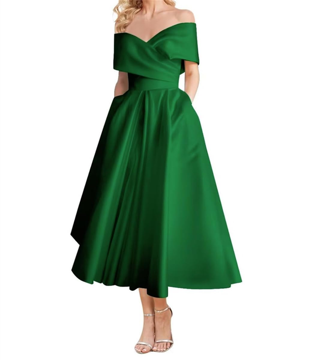 V Neck Bridesmaid Dresses with Tea Length Off Shoulder Satin A-Line Prom Gowns for Teens Dark Green UK14