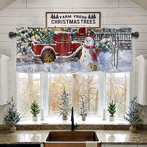 Christmas Snowman Valances Windows Curtain Red Truck With Xmas Tree Kitchen Valances Rod Pocket Snowy Winter Short Topper Curtains For Winter Holiday Christmas Decorations 1 Panel,54 By 18 Inches #TOP4