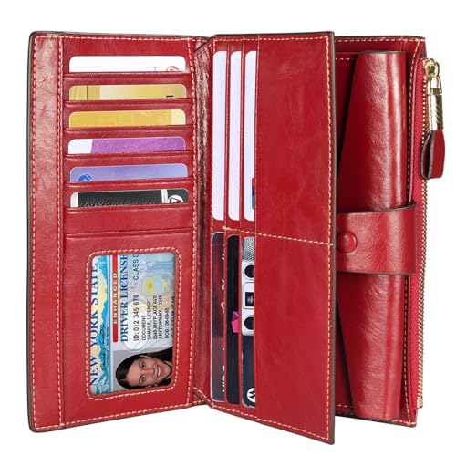 Image of Itslife Womens RFID Blocking Large Capacity Luxury Wax Genuine Leather Wallet Clutch Ladies Card Holder, Red