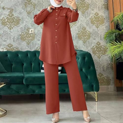 Image of ODIZLI Muslim Long Sleeve Blouse Wide Leg Pants Suits Autumn Solid Abaya Women Matching Sets 2PCS Tracksuits Turkey Kaftan