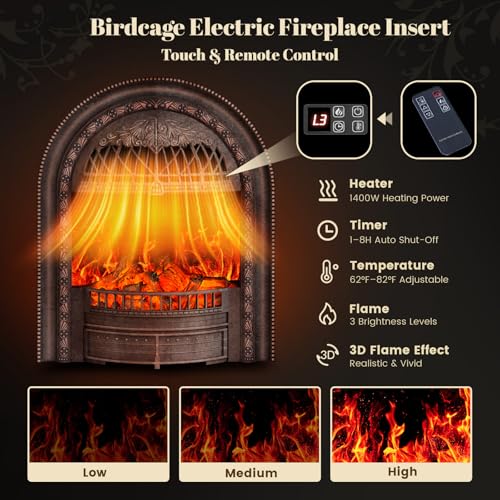 Image of 50 inch Solid Wood Electric Fireplace with Mantel, White Roman Column TV Stand with Bronze Birdcage Heater Insert, Elegant Fireplace for Living Room, Bedroom & Entryway