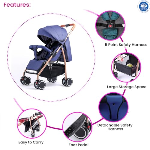 Image of Safe-O-Kid Rover Baby Stroller /Pram with 1 Year Warranty for 0 to 3 Years Travel Friendly with XL Canopy, 5 Point Safety Harness, One Hand Fold, Adjustable backrest, 360 Swivel Wheel - Blue