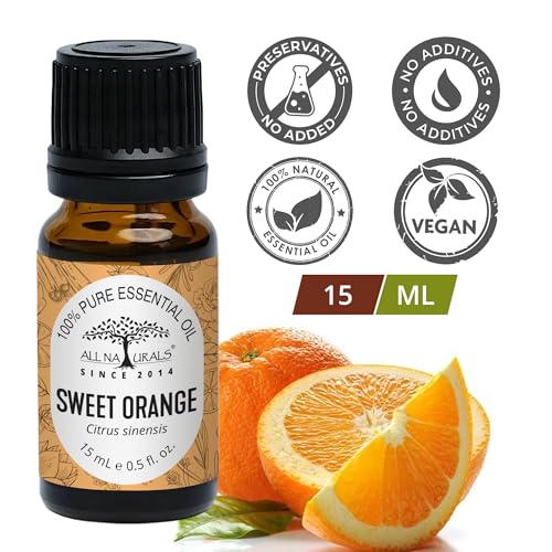 Image of All Naturals Orange Essential Oil (Sweet) 100% Pure for Aromatherapy, Alertness Concentration & Termites - 15 mL