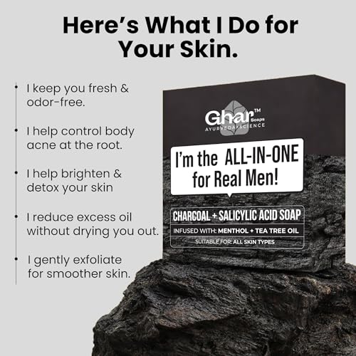 Image of Ghar Soaps activated Charcoal Deep Cleansing Soap | For reducing body acne, controlling oil and odour | With Charcoal Powder, Salicylic Acid, Tea Tree Oil and Menthol | For all skin types (Pack of 1)