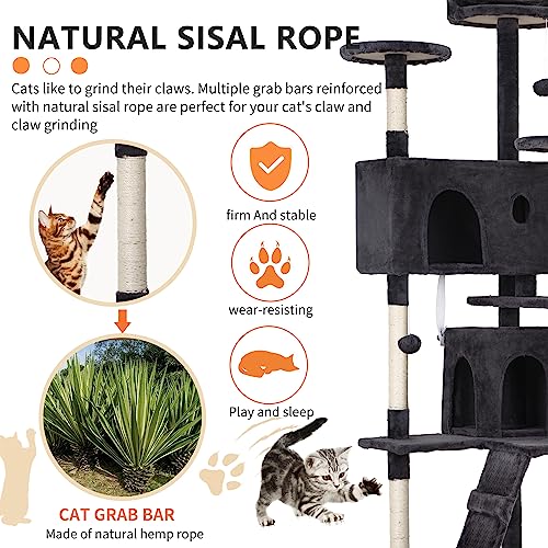 Image of BestPet | 70 inch Cat Tree Tower | Dark Gray | Sturdy Multi-Level Cat Tree