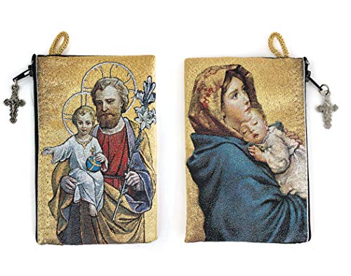 Catholic Rosary Pouch, Saint Joseph and Baby Jesus & Madonna and Child, 4 x 6 Jewelry & Coin Purse with Cross, Small Woven Tapestry Icon Bag, Bolsa de Rosario Católico para Joyería