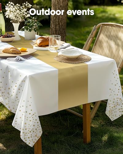 Image of Pureegg Plastic Table Cloth Disposable 8 Pack, 54 x 108 Inch, Table Runner Style, Graduation Decorations 2026, Party Tablecloths, Rectangle, Plastic Cover, Leakproof & Sturdy, White Gold