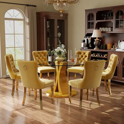 Image of 7-Piece Dining Table Set with 47In Tempered Glass Table and 6 Velvet Upholstered Chairs, Modern Scandinavian Furniture for Dining Room Kitchen(Yellow&Gold)