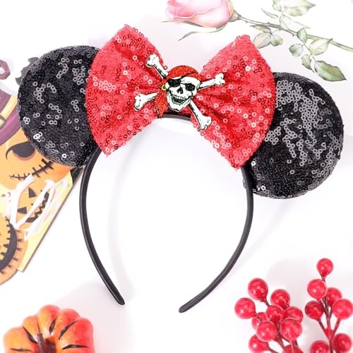 Image of DRESHOW Pirate Themed Mouse Ears Headband with Bow Glitter Party Decoration Halloween Cosplay Costume for Women