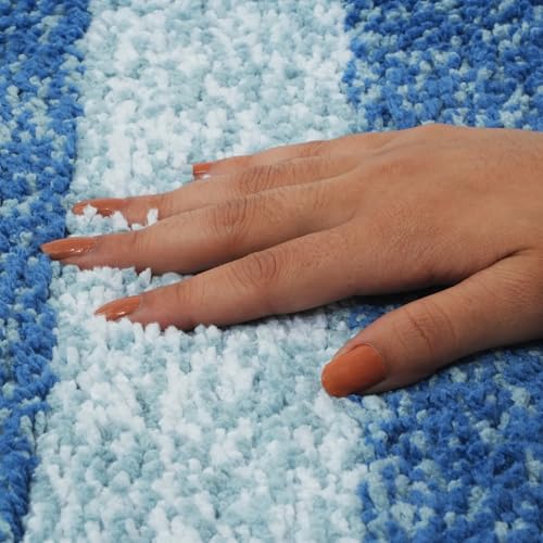 Image of Pano Textured Striped Runner Rug 45x130 cm Blue | Anti-Skid, Super Soft & Ultra Absorbent Floor Runner | Quick Dry & Washable Runner for Bathroom, Kitchen, Bedroom & Living Room
