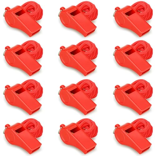 Red Emergency Whistles with Lanyard, Loud Crisp Sound Plastic Whistles Bulk Ideal for Outdoor Sport，Lifesaving，and Officials