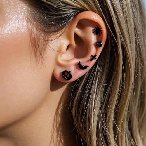 9 Pairs Stud Earrings Set Hypoallergenic black stainless steel cartilage stacked small earrings Halloween4