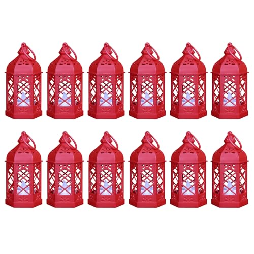 Reperla Paquete de 12 mini linternas para Ramadán, Navidad, pequeñas linternas decorativas con vela LED parpadeante para decoración de boda de bosque encantado, linterna marroquí para centro de mesa y