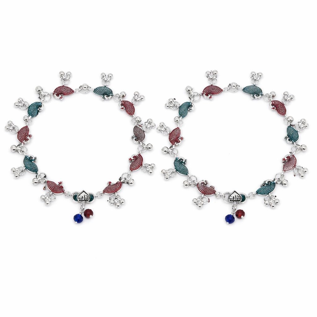 Oxidised Anklet for Women Multicolor Peacock Design White Metal Alloy Payal Pair Ghungroo Chain Ethnic Traditional Stylish Foot Jewellery Everyday Wear Festival Gift-image-44
