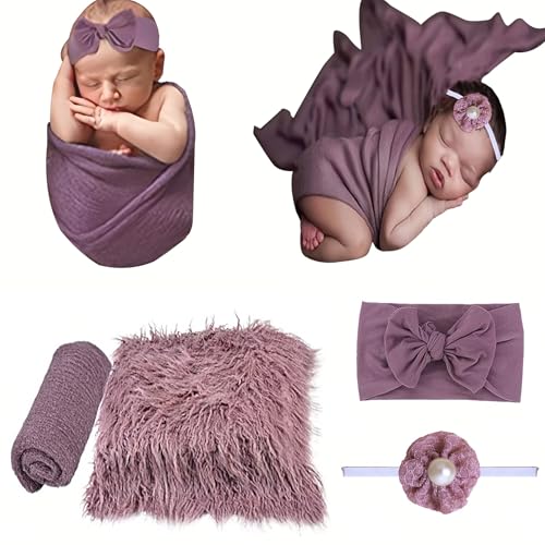Image of SPOKKI 4 Pcs Newborn Photography Props Outfits- Baby Long Ripple Wrap and Toddler Swaddle Blankets Photography Mat with Cute Headbands for Infant Boys Girls(0-12 Months) (Purple)