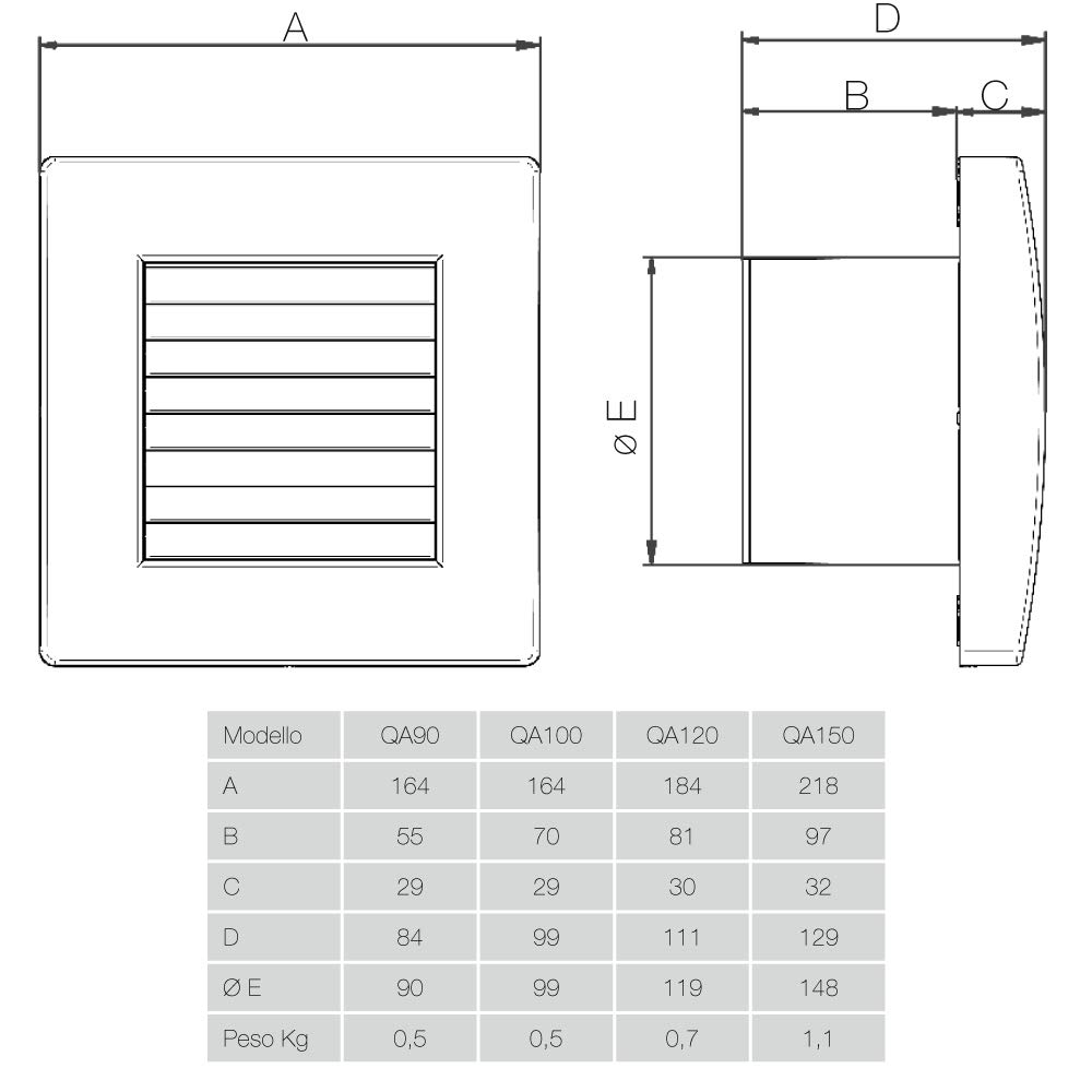 QA90 di Aerauliqa - Aspiratore assiale diam.90mm - 11W - 55m3/h - cod. 003174 - con alette interne automatiche