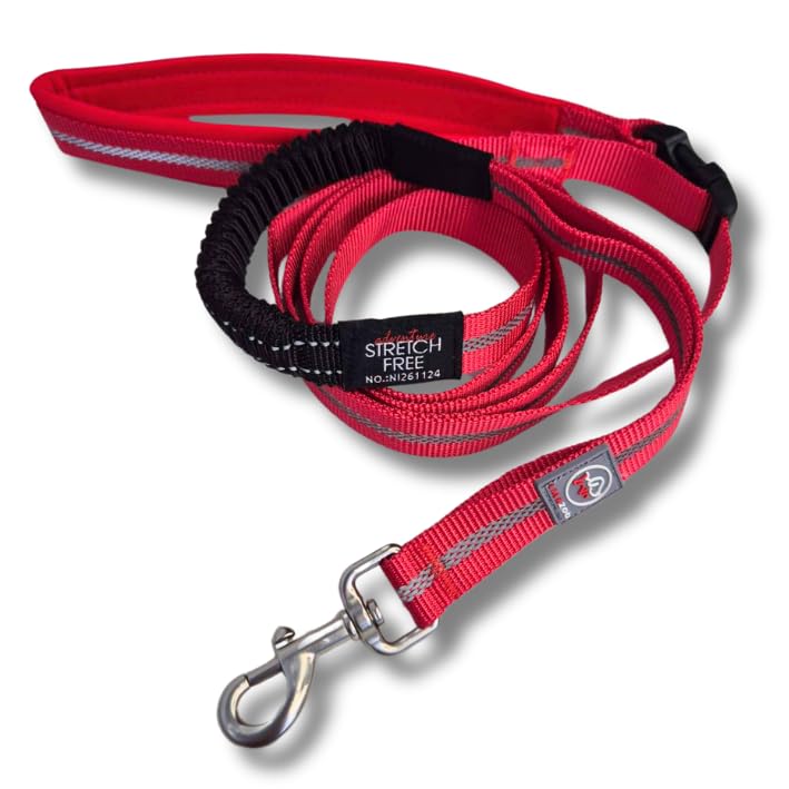 Smycz dla Psa z Amortyzatorem, free handle ADVENTURE 180 cm, z Odblaskowym Paskiem, Regulowana Długość, do biegania, sportowa (czerwony, M)