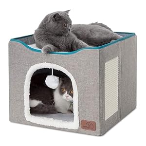 Bedsure Cat Beds for Indoor Cats – Large Cat Cave for Pet Cat House with Fluffy Ball Hanging and Scratch Pad, Foldable Cat Hideaway,16.5×16.5×13 inches, Grey