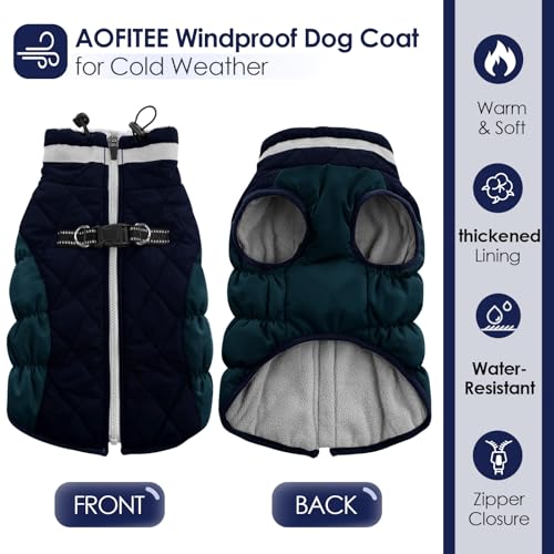 AOFITEE Hundejacke Kleine Hunde, Wasserdicht Hunde Wintermantel Warm Hundemantel mit Geschirr, Rollkragen Hunde Winterjacke Fleece Reflektierende Hundejacke Outdoor Hundebekleidung,S Blau