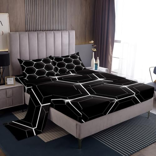 Honeycomb Bed Sheets Set Twin Size 3D Stereoscopic Black and White Hexagon Sheet Set Geometric Hexagonal Beehive Sheets Simplistic Geometrical Geometry Room Decor