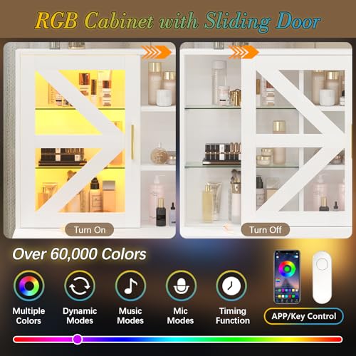 Image of White L-Shaped Corner Vanity Desk with LED Lighted Mirror & Storage Shelves