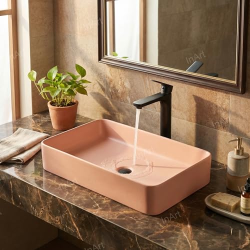 Image of InArt Wash Basin: Designer Counter Top Bathroom Sink - Vanity Wash Basin for Bathroom, Table Top Wash Basin 62 x 35 x 12 cm (Pink)